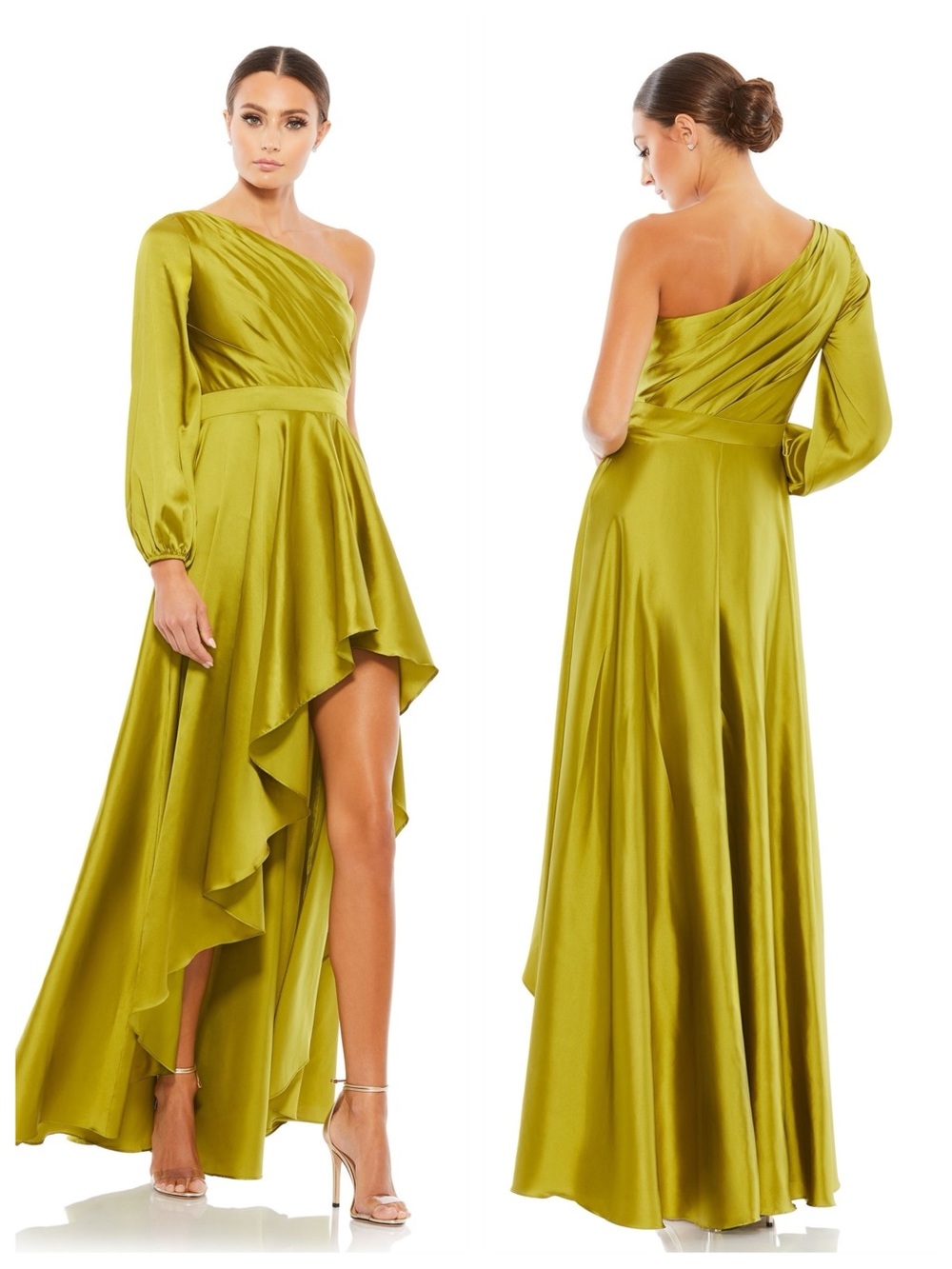Mac Duggal | 49141 | Chartreuse Green High Low One Shoulder Flowy Gown | 0 | NWT